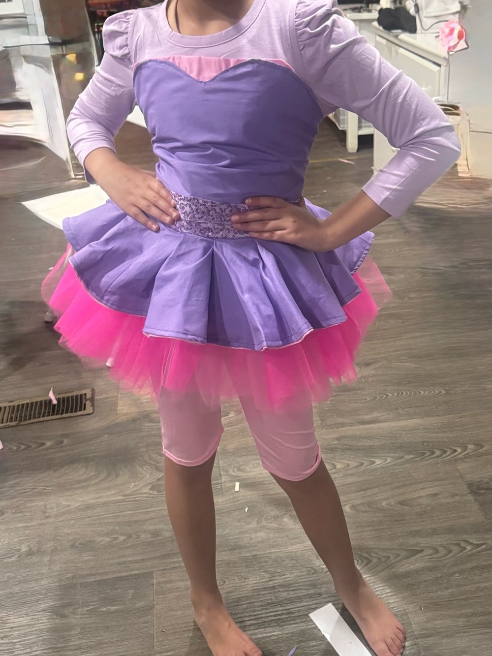 Girls Purple and Pink Tulle Dance Costume with Long Sleeve Top